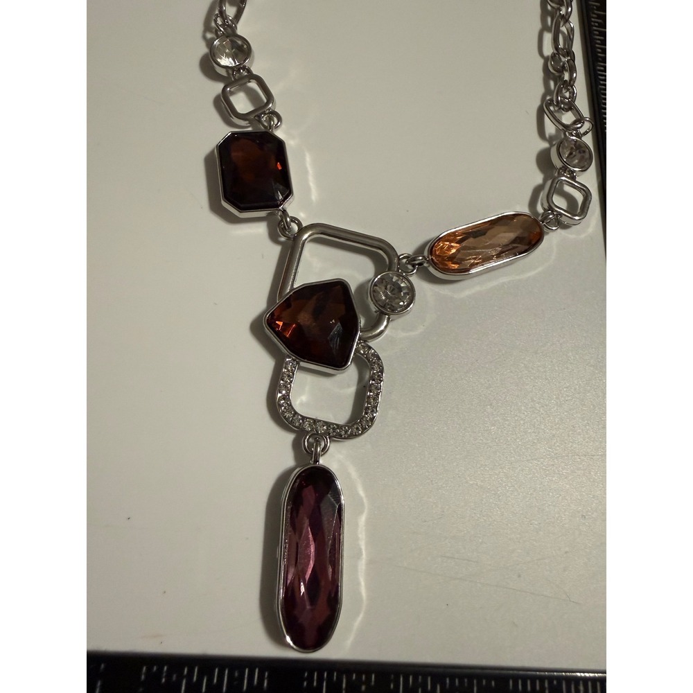 Silver Tone Geometric Statement Necklace Multi Color Stones Y-Drop Chain